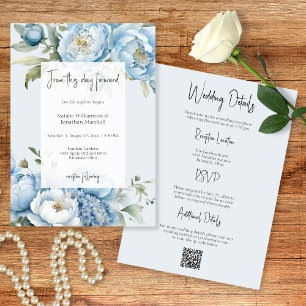 Convite de Casamento de dois lados com Floral Azul