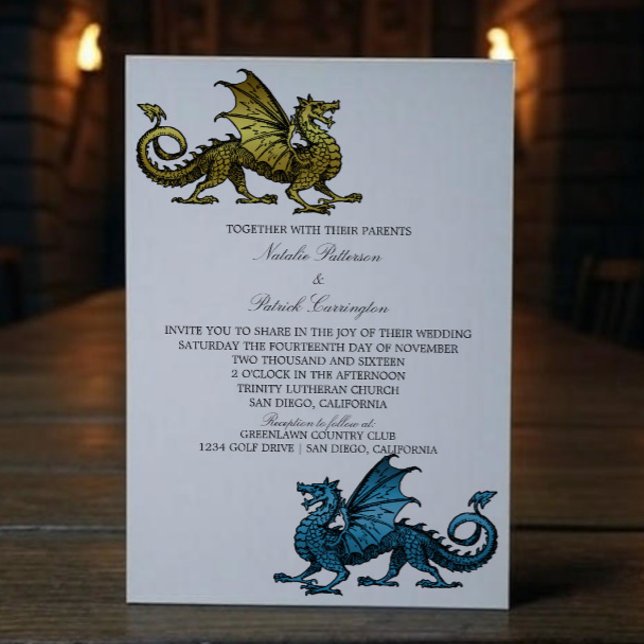 Convite de casamento de Dragão Azul Dourado (Gold Blue Medieval Dragon Wedding Invite)