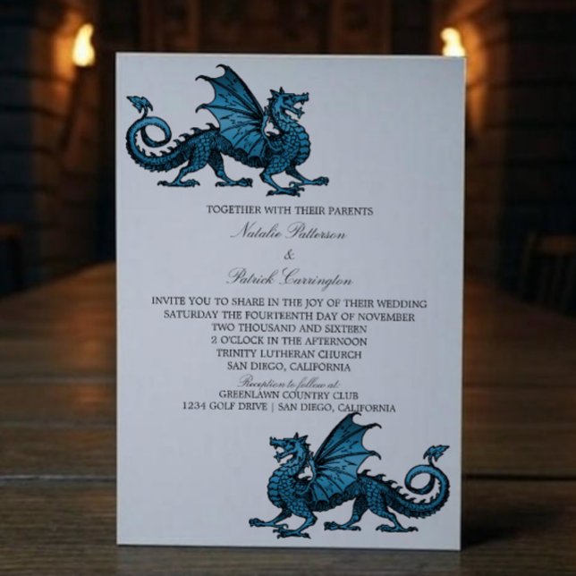 Convite de casamento de Dragão Medieval Azul (Blue Medieval Dragon Wedding Invite)
