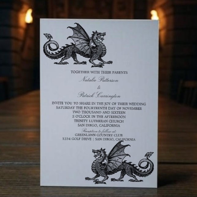 Convite de casamento de Dragão Medieval Silver (Silver Medieval Dragon Wedding Invite)
