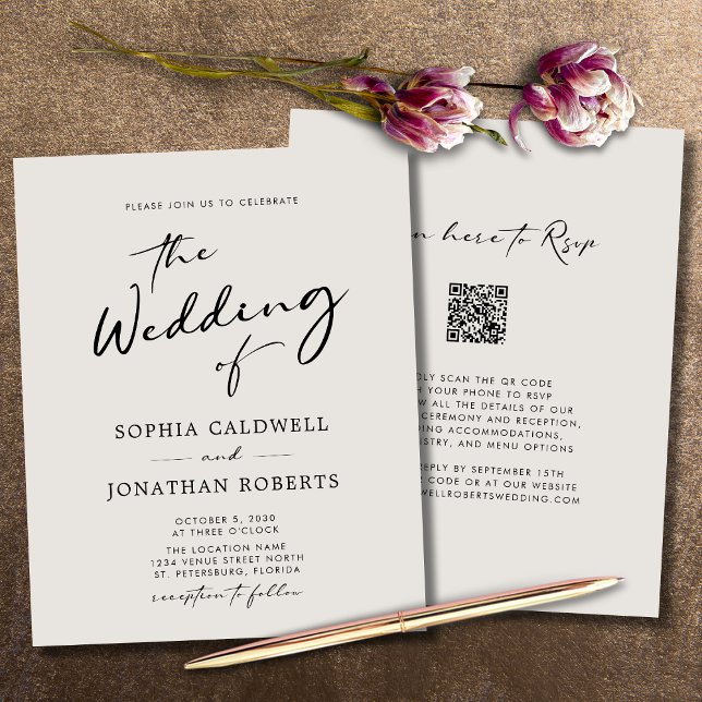 Convite de casamento de Eggshell do Código QR de O (Wedding Invitation Budget QR Code RSVP Modern Calligraphy Eggshell)