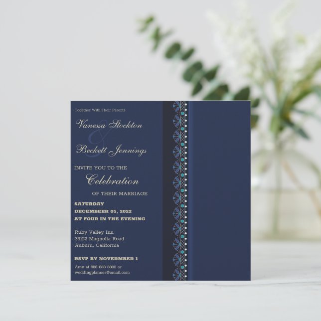 Convite de Casamento de Elegância Azul (Em pé/Frente)