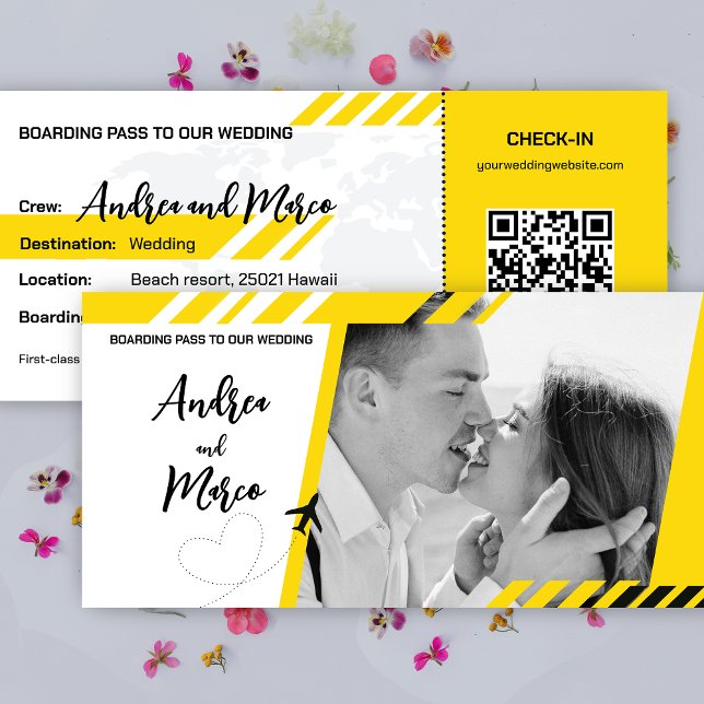 Convite De Casamento De Embarque De Praia Amarela (wedding boarding pass invitaion)