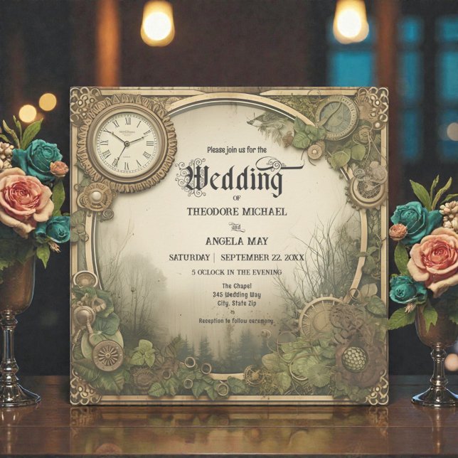 Convite de Casamento de Engrenagens Rústicas Steam (Criador carregado)