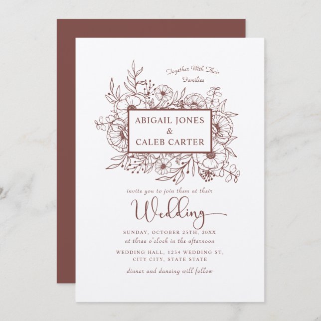 Convite De Casamento De Esboço Floral Rustic Kraft (Frente/Verso)