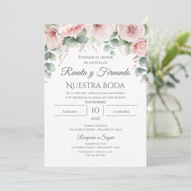 Convite De Casamento De Espanhol Floral Rosa (Em pé/Frente)