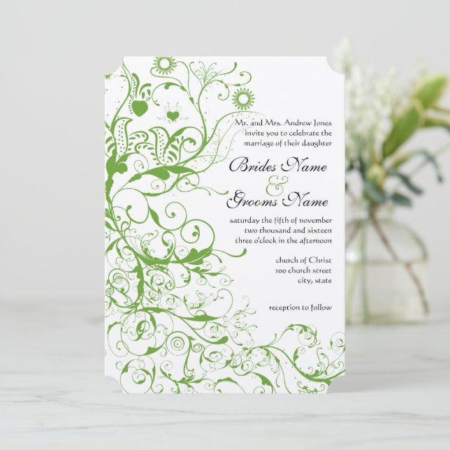 Convite de casamento de espiral verde para aves pr (Em pé/Frente)