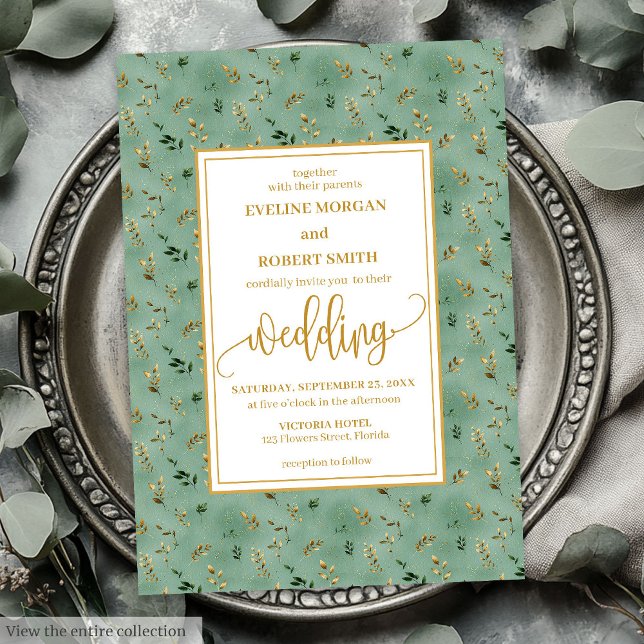 Convite de casamento de eucalipto de ouro verde-sa (Minimal sage green gold eucalyptus wedding invitation)