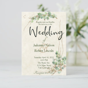 Convite de casamento de eucalipto e dourado