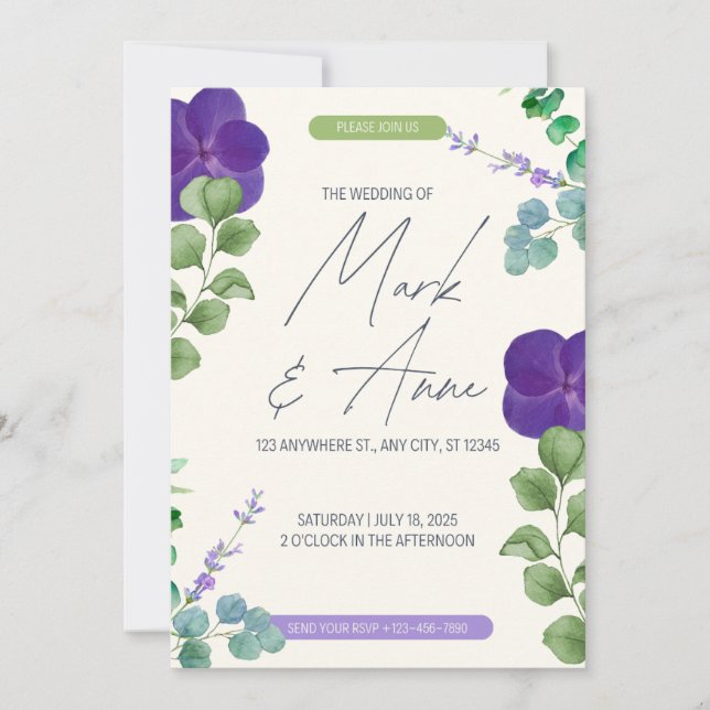 Convite de Casamento de Eucalipto Roxo Floral Mode (Frente)
