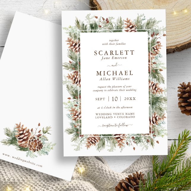Convite de Casamento de Férias de Verdor de Invern (Winter Mountain Pine Greenery Holiday Wedding Invitation by Painted Paperie
)