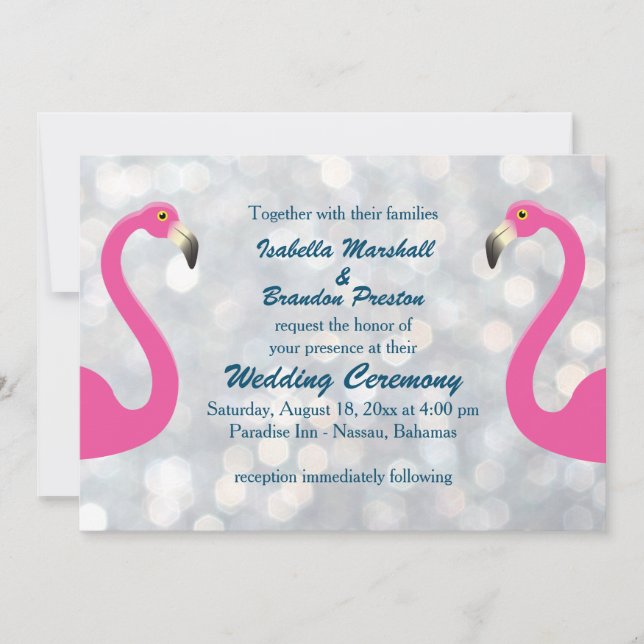 Convite De Casamento De Flamingo Silver Sparkly (Frente)