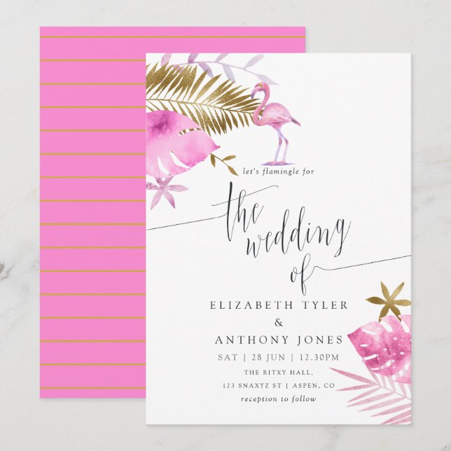 Convite de Casamento de Flamingo Tropical Rosa e D (Frente/Verso)