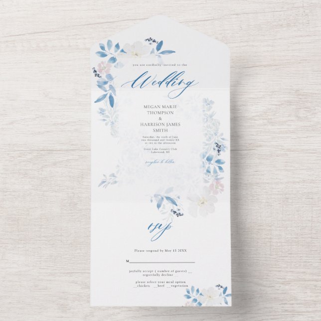 Convite De Casamento De Flor Azul De Aquarela (Inside)