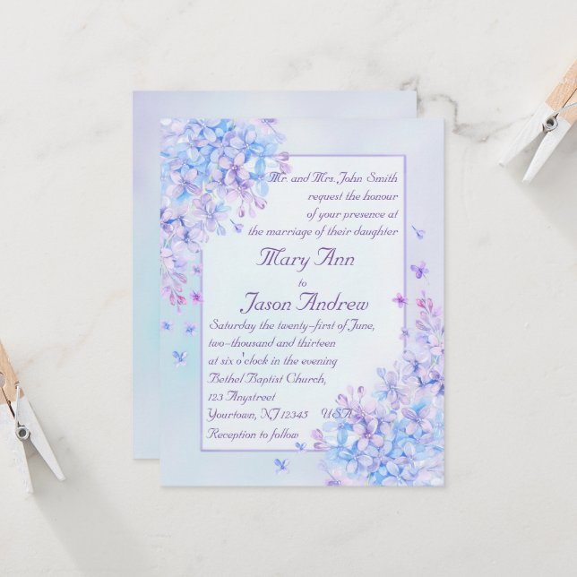 Convite de casamento de Flor Lilar Púrpura Azul de (Frente/Verso In Situ)