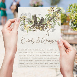 Convite de Casamento de Flores Amarelas e Pássaros