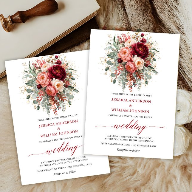 Convite de Casamento de Flores Clássicas de Marsal (Classic Marsala Flowers Greenery Fall Wedding Invite

)
