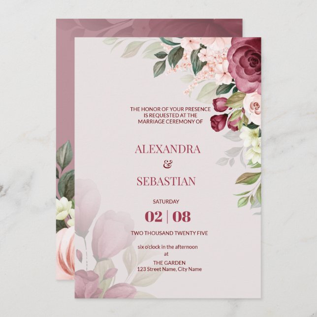 Convite De Casamento De Flores De Aquarela (Frente/Verso)