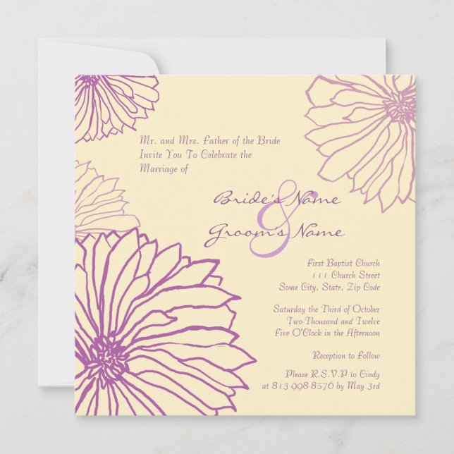 Convite de Casamento de Flores de Mãe de Roxo e Cr (Frente)