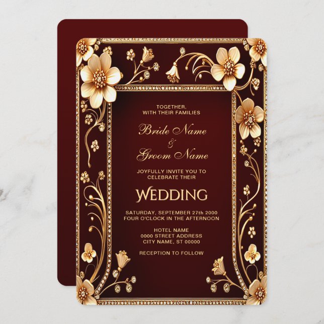 Convite De Casamento De Flores De Ouro Burgundy (Frente/Verso)