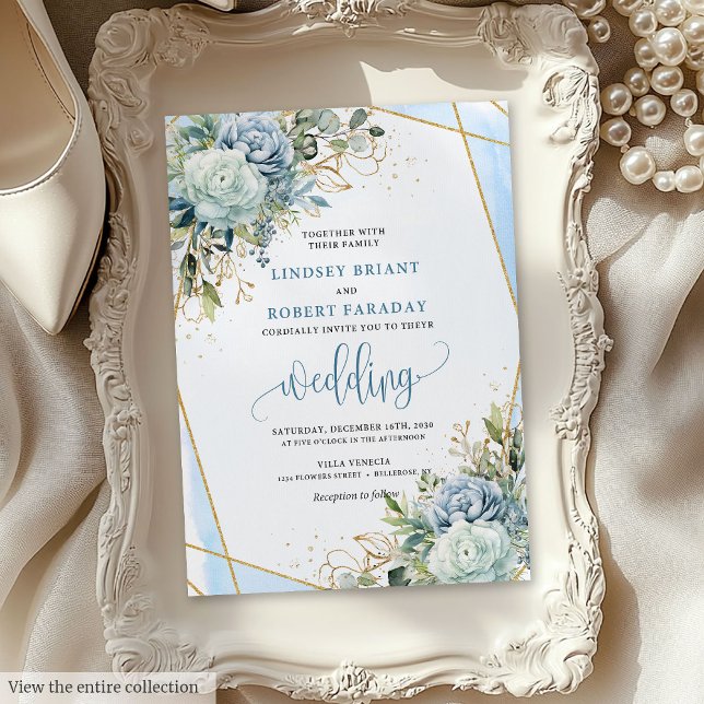 Convite de casamento de Flores Douradas Românticas (Romantic Pastel Blue Gold Flowers Wedding Invite)