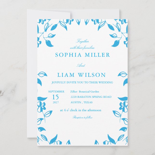 convite de casamento de flores silvestres azul clá (Frente)