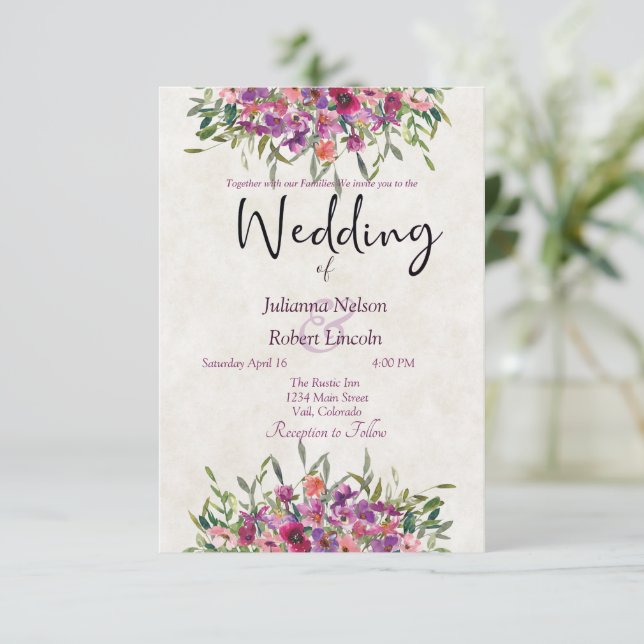 Convite de casamento de flores silvestres de aquar (Em pé/Frente)