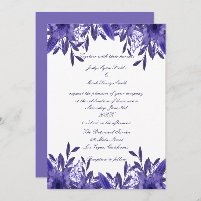 Convite De Casamento De Folhagem Azul Roxo (Frente/Verso)