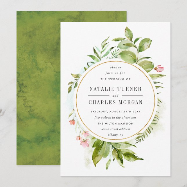 Convite De Casamento De Folhagem Verde Floral Por  (Frente/Verso)