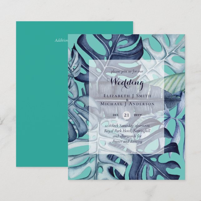 CONVITE DE CASAMENTO de folhas azuis tropicais do  (Frente/Verso)