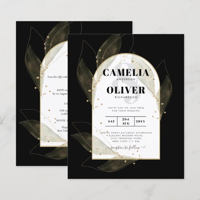 CONVITE DE CASAMENTO de Folhas Douradas de Jato Pr (Frente/Verso)