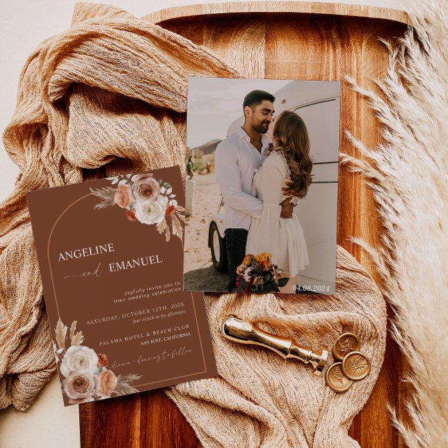 Convite de casamento de Foto Boho Floral Pampas Gr (Criador carregado)