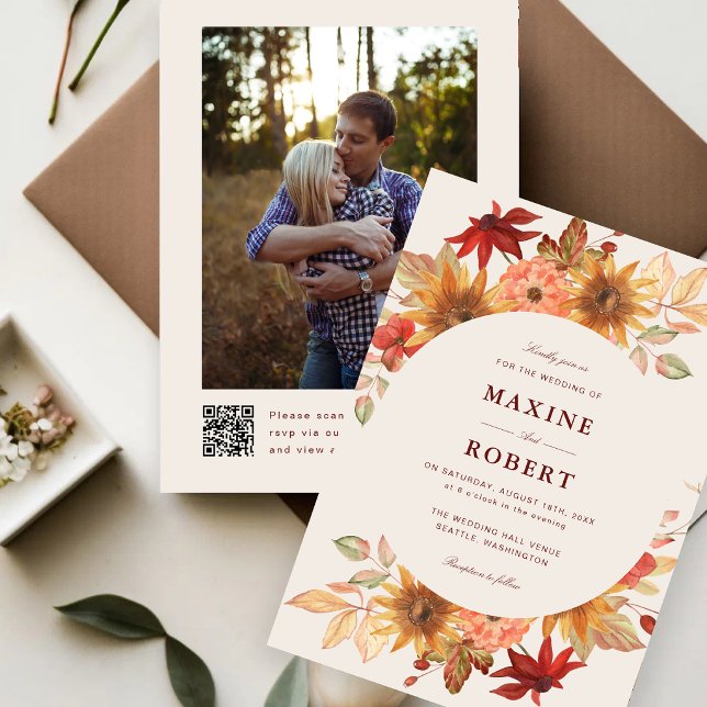 Convite de Casamento de Foto com QR Code de Outono (Fall leaves photo wedding invitation adds elegant autumn warmth with a custom QR code.)