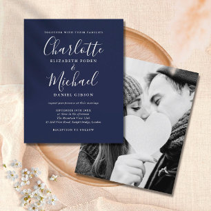 Convite de Casamento de Foto com Script Azul Marin