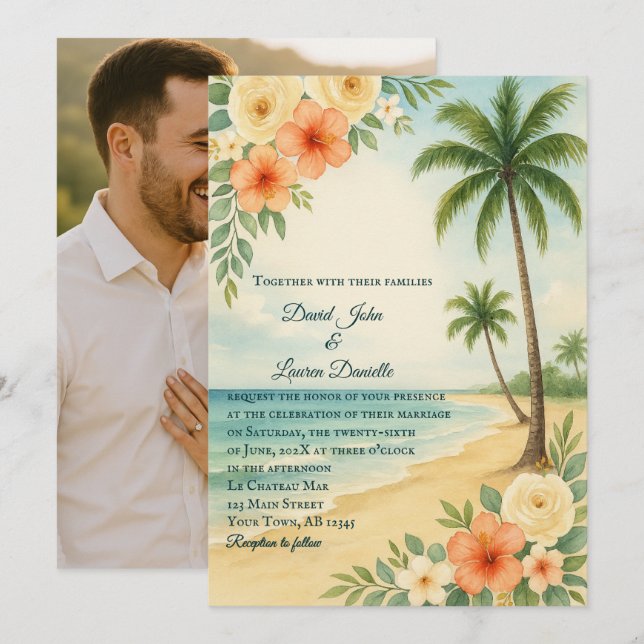 Convite De Casamento De Foto Da Palm Treen Floral (Frente/Verso)