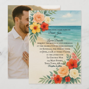 Convite de casamento de Foto Floral Beach Amigável