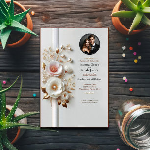 Convite De Casamento De Foto Floral Branca Elegant