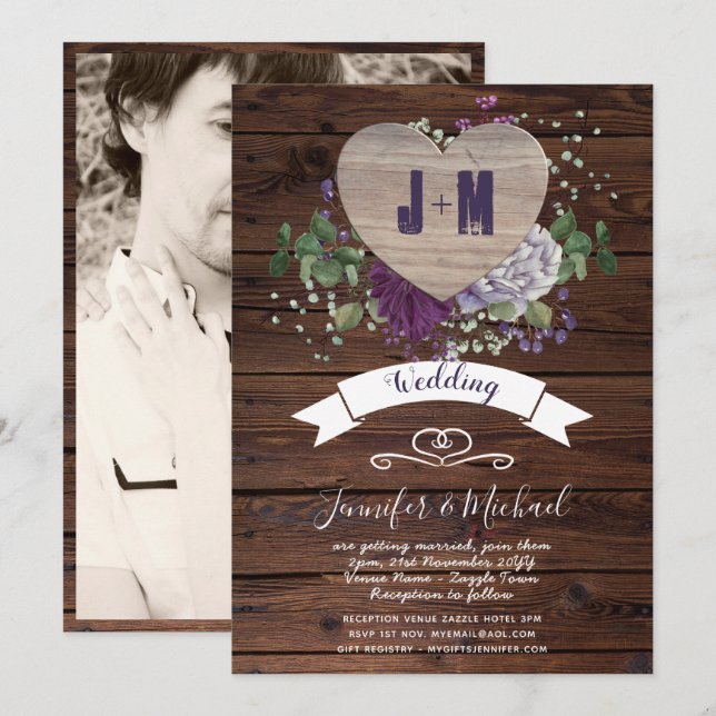 Convite de casamento de FOTO Rustic Heart Floral (Frente/Verso)