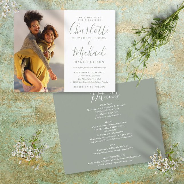 Convite de Casamento de Foto Verde Sage Orçamento  (Budget All In One Sage Green Photo Wedding Invite)