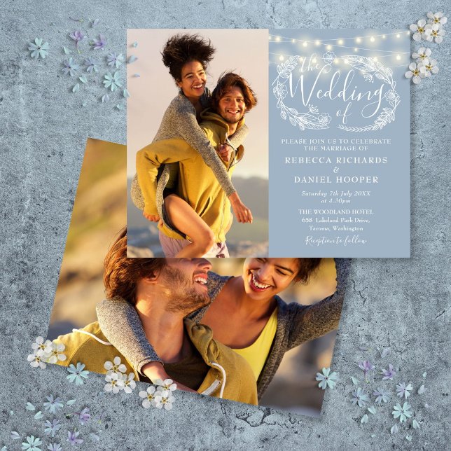 Convite de casamento de Fotografia 2 Luzes Azuis c (Budget Dusty Blue Lights 2 Photo Wedding Invite)