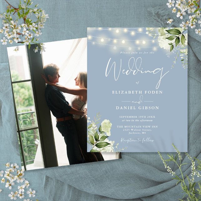 Convite de casamento de Fotografia Azul com Dusty  (Budget Floral Dusty Blue Photo Wedding Invite)