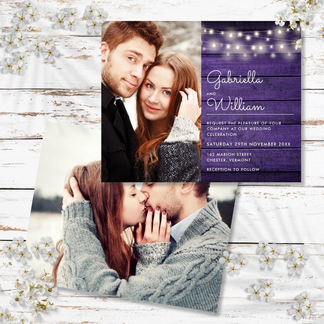 Convite de casamento de Fotografias Roxo da Cadeia (Budget String Lights Purple Photo Wedding Invite)