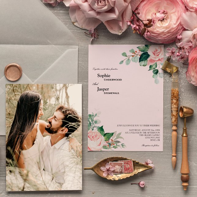 Convite De Casamento De Fotos Cor-De-Rosa Blush (Criador carregado)