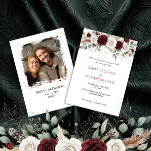 Convite De Casamento De Fotos Floral Burgundy Blus
