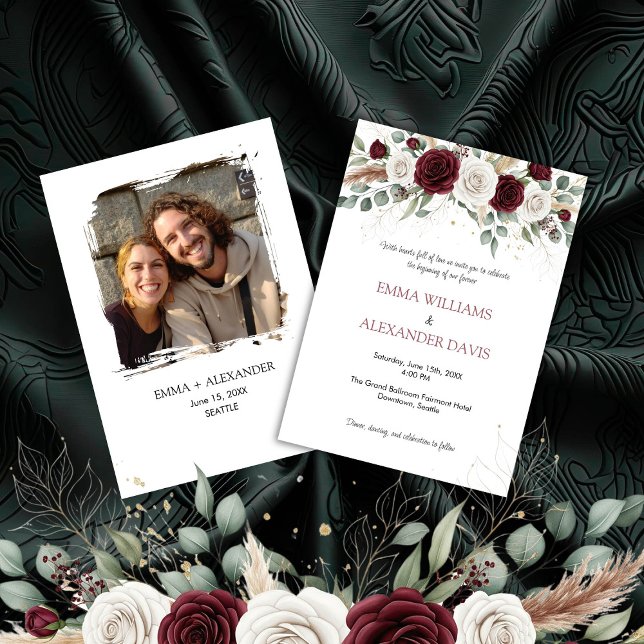 Convite De Casamento De Fotos Floral Burgundy Blus (Burgundy Blush Floral Wedding Invitation)