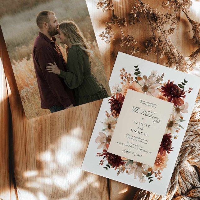 Convite De Casamento De Fotos Floral De Queda Eleg (Fall Floral Wedding Photo Invite)