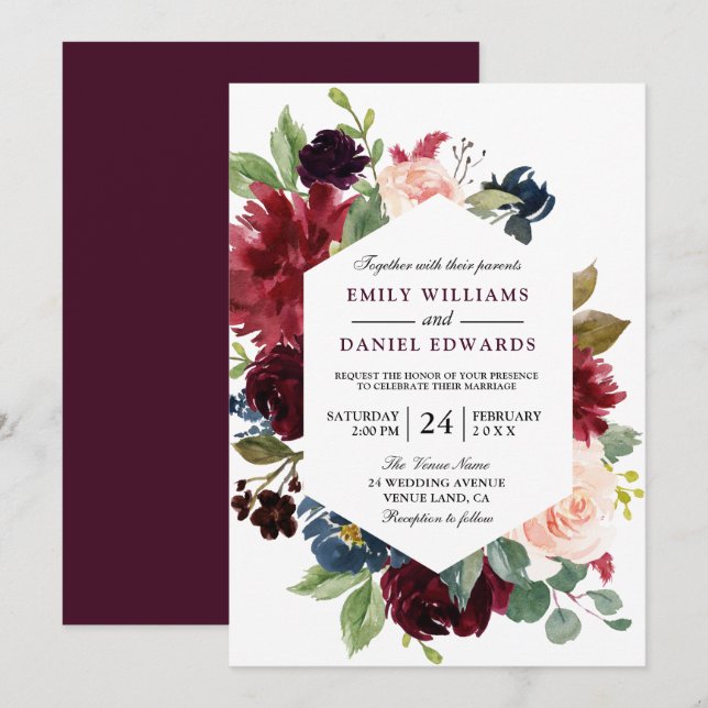 Convite de casamento de Frame Floral da Borgonha d (Frente/Verso)