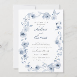 Convite de Casamento de Fronteira Floral Azul