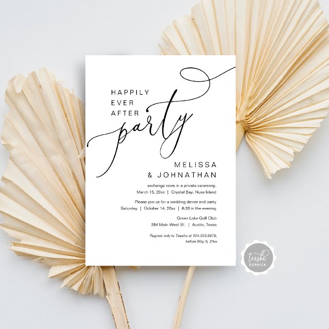 Convite de casamento de fuga de casamento Feliz pa (Happily Ever After Wedding Elopement Party Dancing Invitation Card, Modern Romantic Script, Download)