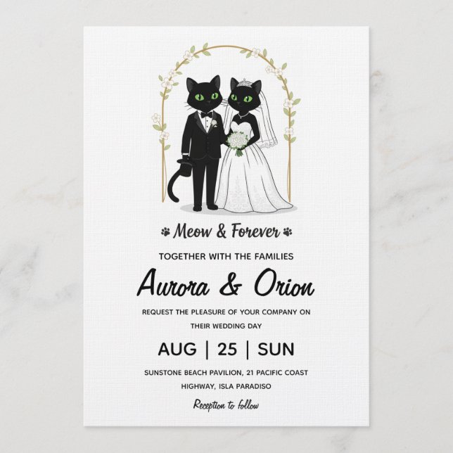 Convite de casamento de gato preto elegante (Frente)